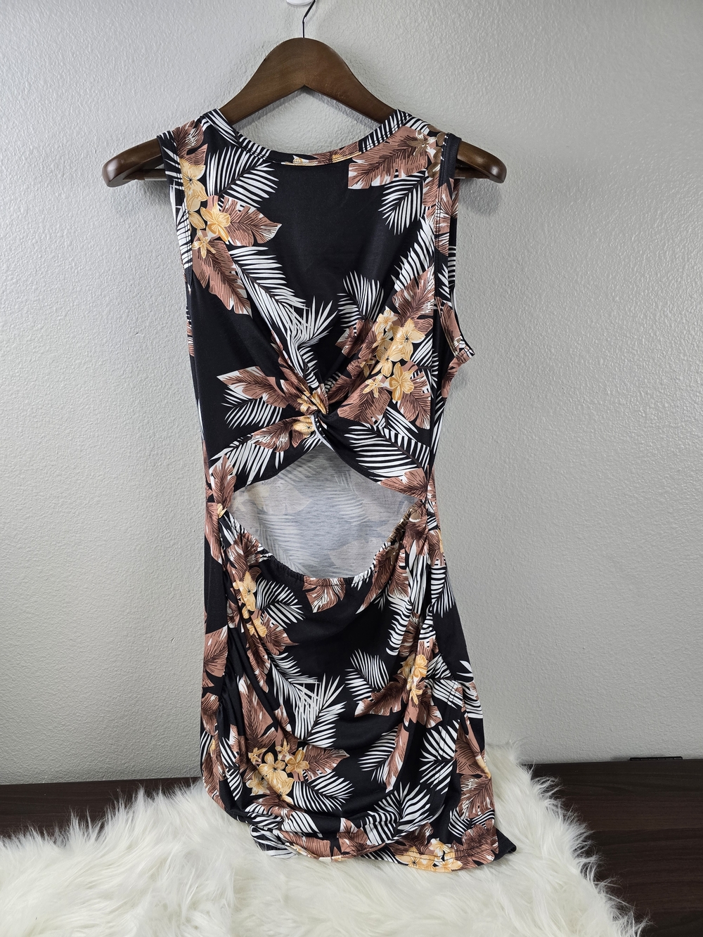 BTFBM Black Tropical Floral Tank Top Short Dress With Tummy Window